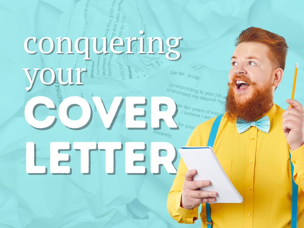 Man in yellow top with a bow tie holding a note pad with the title conquering your cover letter.